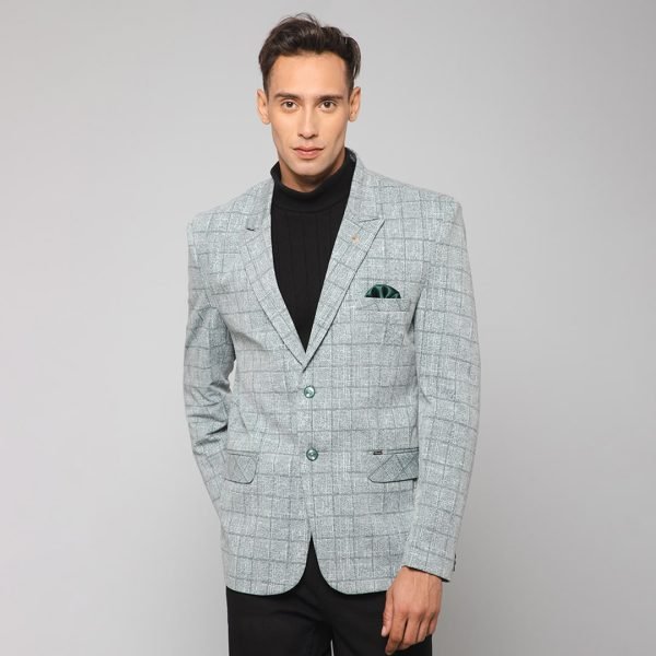 Men Grey Knitted Formal Check Casual Blazer