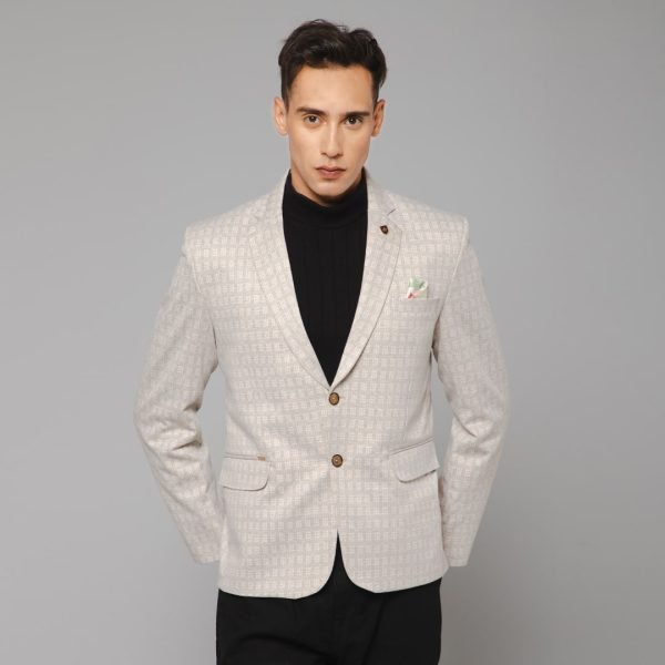 Men Smart Cream Knitted Formal Check Casual Blazer