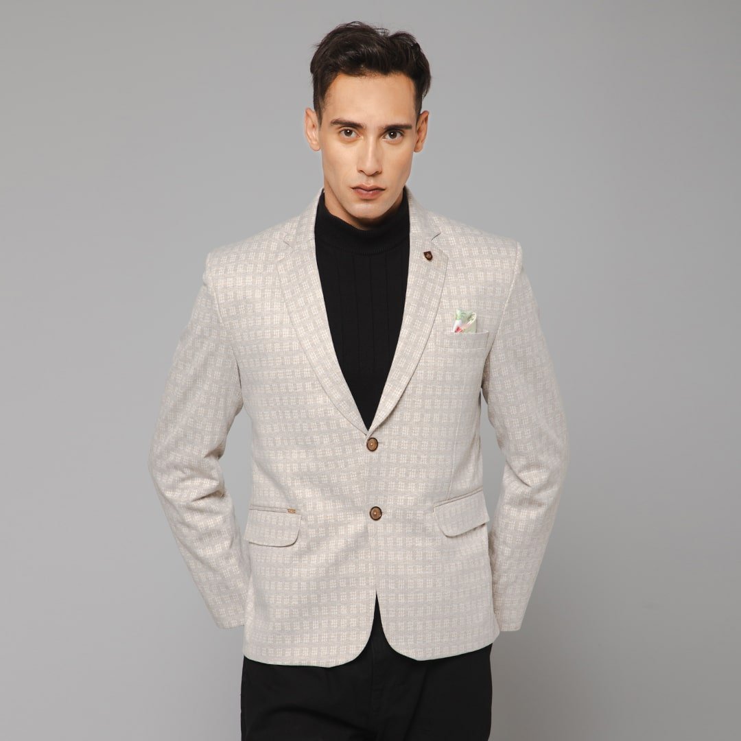 Men Smart Cream Knitted Formal Check Casual Blazer - Shaadi Factory