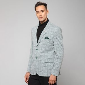 Men Grey Knitted Formal Check Casual Blazer - Image 2