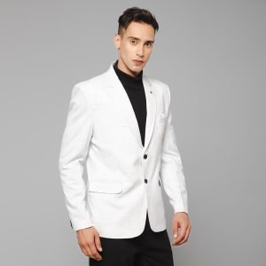 Men White Knitted Formal Casual Blazer - Image 2