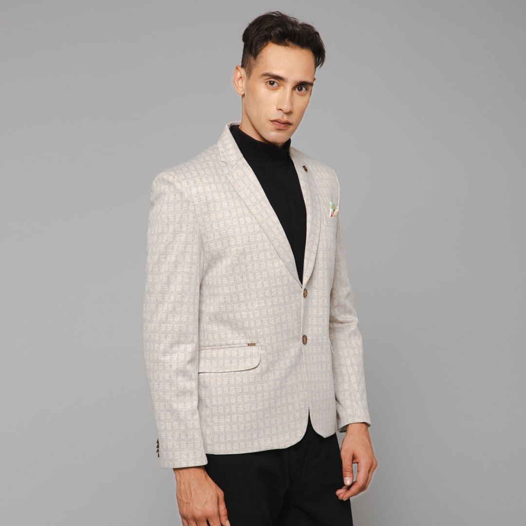 Men Smart Cream Knitted Formal Check Casual Blazer - Shaadi Factory