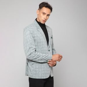 Men Grey Knitted Formal Check Casual Blazer - Image 3
