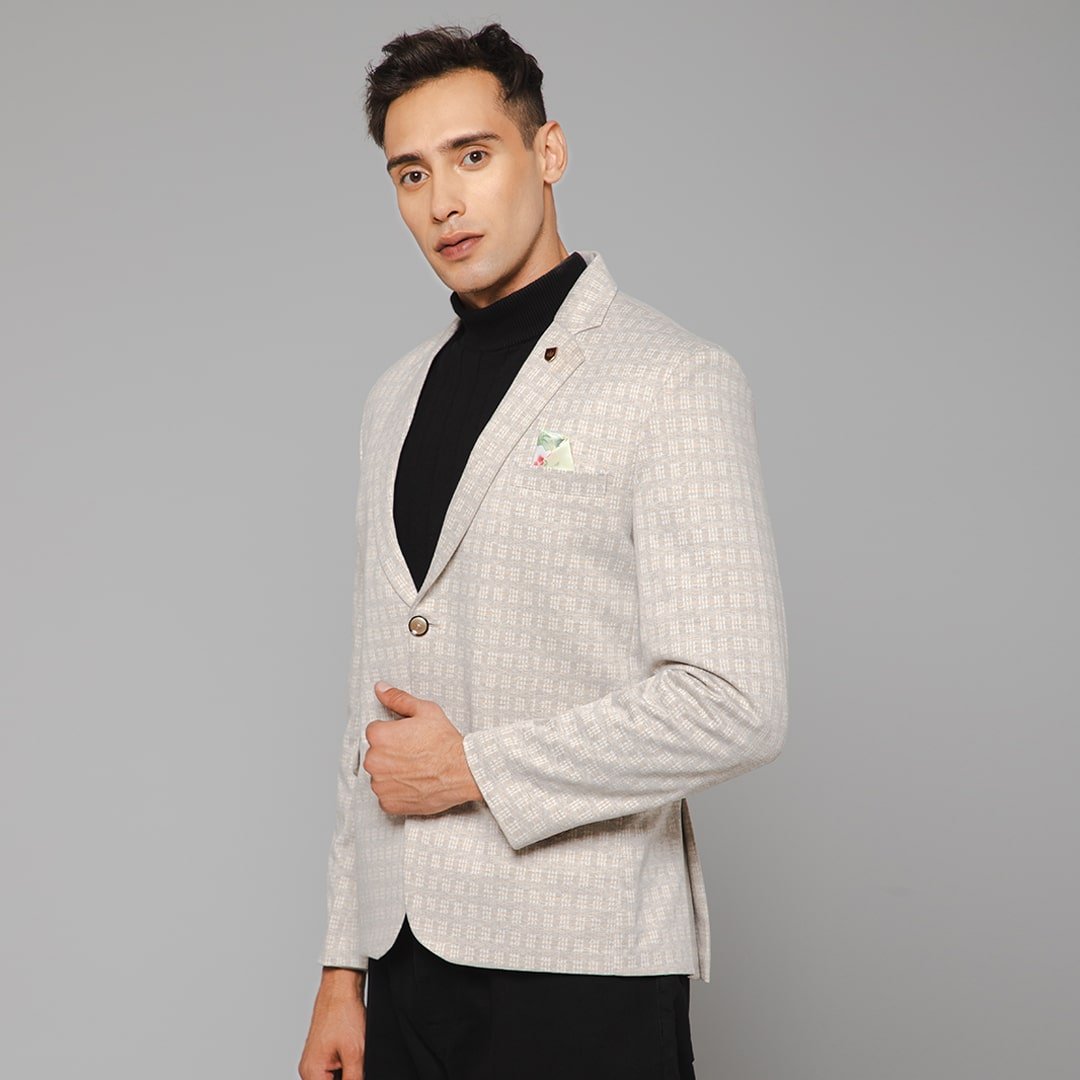 Men Smart Cream Knitted Formal Check Casual Blazer - Shaadi Factory