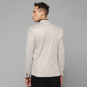 Men Smart Cream Knitted Formal Check Casual Blazer - Image 4