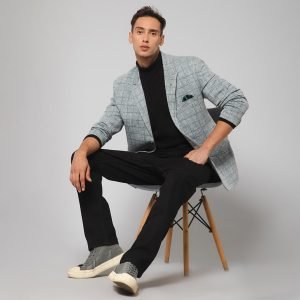 Men Grey Knitted Formal Check Casual Blazer - Image 5