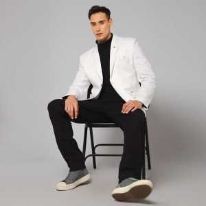 Men White Knitted Formal Casual Blazer - Image 5