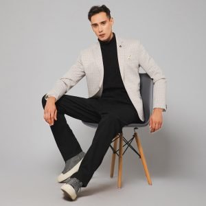 Men Smart Cream Knitted Formal Check Casual Blazer - Image 5