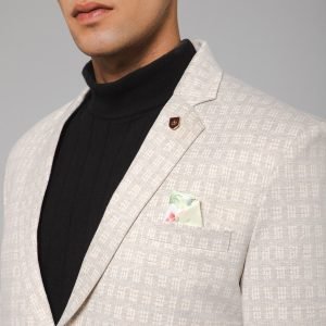 Men Smart Cream Knitted Formal Check Casual Blazer - Image 6