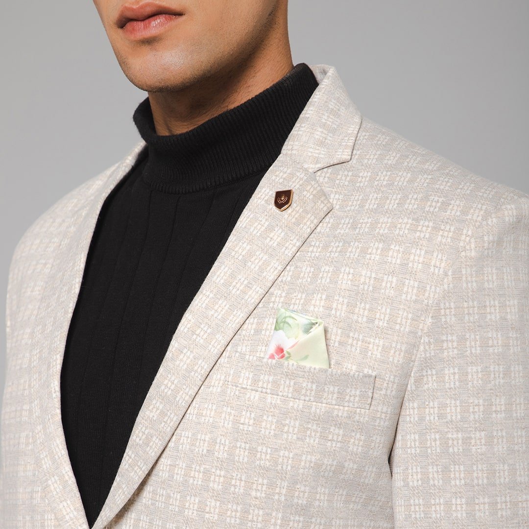 Men Smart Cream Knitted Formal Check Casual Blazer - Shaadi Factory