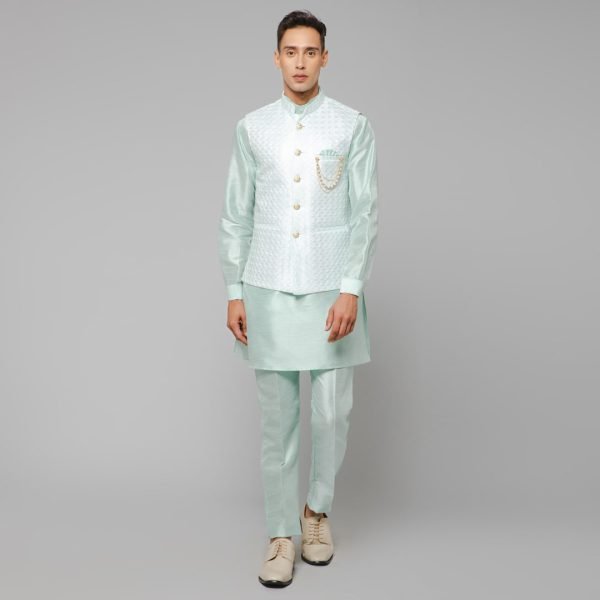 Traditional Silk Men's Kurta Jacket Set Indian Mehndi Ethnic Wedding (Sea Green)