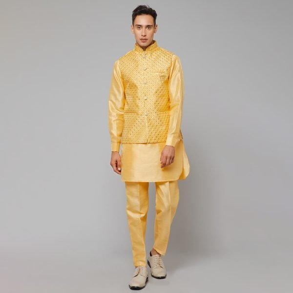 Traditional Silk Men's Kurta Jacket Set Indian Mehndi Ethnic Wedding (Yellow Golden)