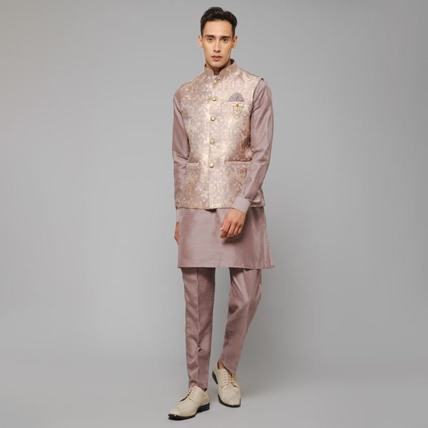 Traditional Silk Men's Kurta Jacket Set Indian Mehndi Ethnic Wedding (Light Purple)