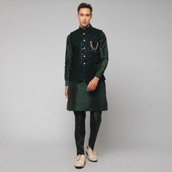 Traditional Silk Velvet Men's Kurta Jacket Set Indian Mehndi Ethnic Wedding (Green)