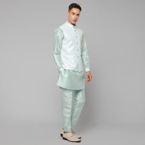 Traditional Silk Men's Kurta Jacket Set Indian Mehndi Ethnic Wedding (Sea Green) - Image 2