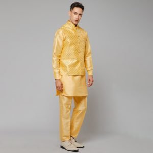 Traditional Silk Men's Kurta Jacket Set Indian Mehndi Ethnic Wedding (Yellow Golden) - Image 2