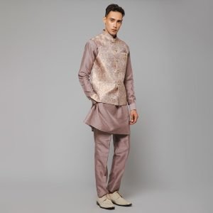 Traditional Silk Men's Kurta Jacket Set Indian Mehndi Ethnic Wedding (Light Purple) - Image 2