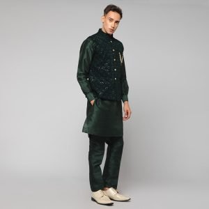 Traditional Silk Velvet Men's Kurta Jacket Set Indian Mehndi Ethnic Wedding (Green) - Image 2