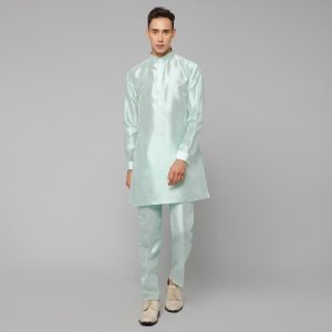 Traditional Silk Men's Kurta Jacket Set Indian Mehndi Ethnic Wedding (Sea Green) - Image 3