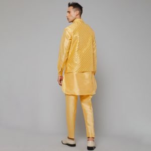 Traditional Silk Men's Kurta Jacket Set Indian Mehndi Ethnic Wedding (Yellow Golden) - Image 3