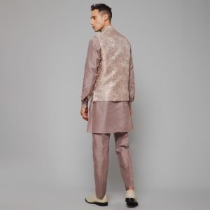 Traditional Silk Men's Kurta Jacket Set Indian Mehndi Ethnic Wedding (Light Purple) - Image 3