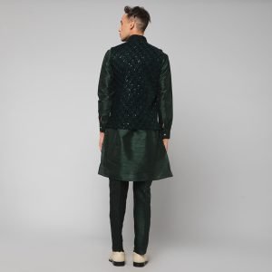 Traditional Silk Velvet Men's Kurta Jacket Set Indian Mehndi Ethnic Wedding (Green) - Image 3