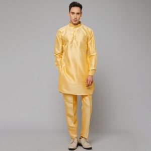 Traditional Silk Men's Kurta Jacket Set Indian Mehndi Ethnic Wedding (Yellow Golden) - Image 4