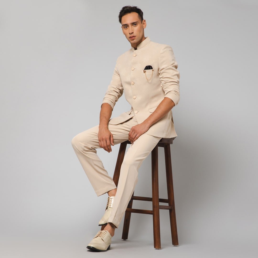 Via Monte - Beige Nawabi Bandhgala Classic & contemporary styling, this  ready-to-wear Beige Bandhgala is our top recommendation for the season!  Explore our collection of Jodhpuri suits only at our stores -