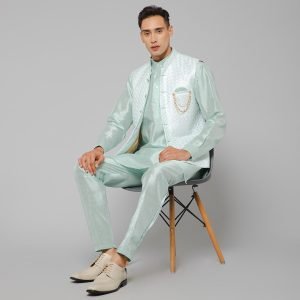 Traditional Silk Men's Kurta Jacket Set Indian Mehndi Ethnic Wedding (Sea Green) - Image 4