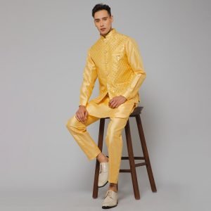 Traditional Silk Men's Kurta Jacket Set Indian Mehndi Ethnic Wedding (Yellow Golden) - Image 5