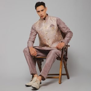 Traditional Silk Men's Kurta Jacket Set Indian Mehndi Ethnic Wedding (Light Purple) - Image 5