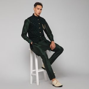 Traditional Silk Velvet Men's Kurta Jacket Set Indian Mehndi Ethnic Wedding (Green) - Image 5