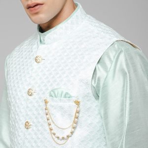 Traditional Silk Men's Kurta Jacket Set Indian Mehndi Ethnic Wedding (Sea Green) - Image 6
