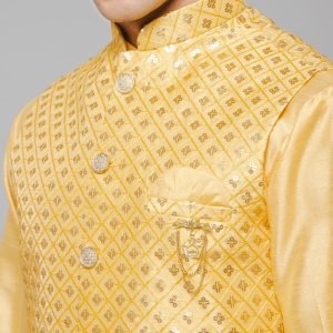 Traditional Silk Men's Kurta Jacket Set Indian Mehndi Ethnic Wedding (Yellow Golden) - Image 6