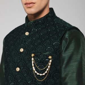 Traditional Silk Velvet Men's Kurta Jacket Set Indian Mehndi Ethnic Wedding (Green) - Image 6